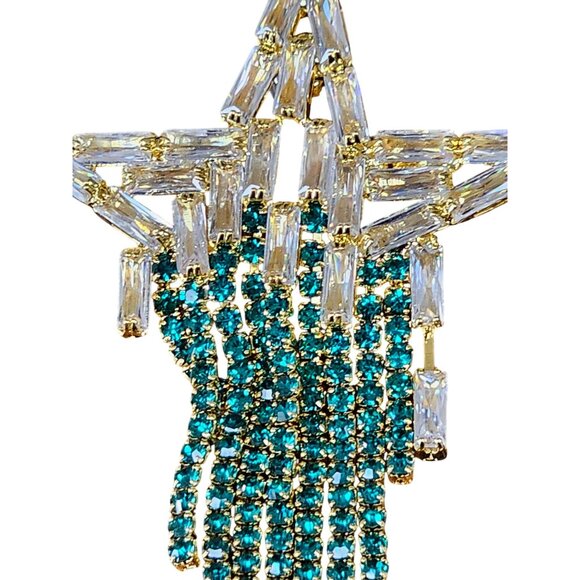 Crystal Starburst Dangle Earrings Green Rhinestones Fringe Design - Picture 7 of 9